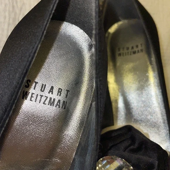 NEW Stuart Weitzman Black Satin & Swarovski Chrome-Heeled Peep-Toe Pumps Sz 6.5 - Picture 14 of 15